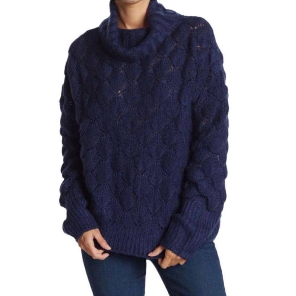 NWT FRNCH Women’s Medium Large Navy Blue Cowl Neck Chunky Open Knit Sweater